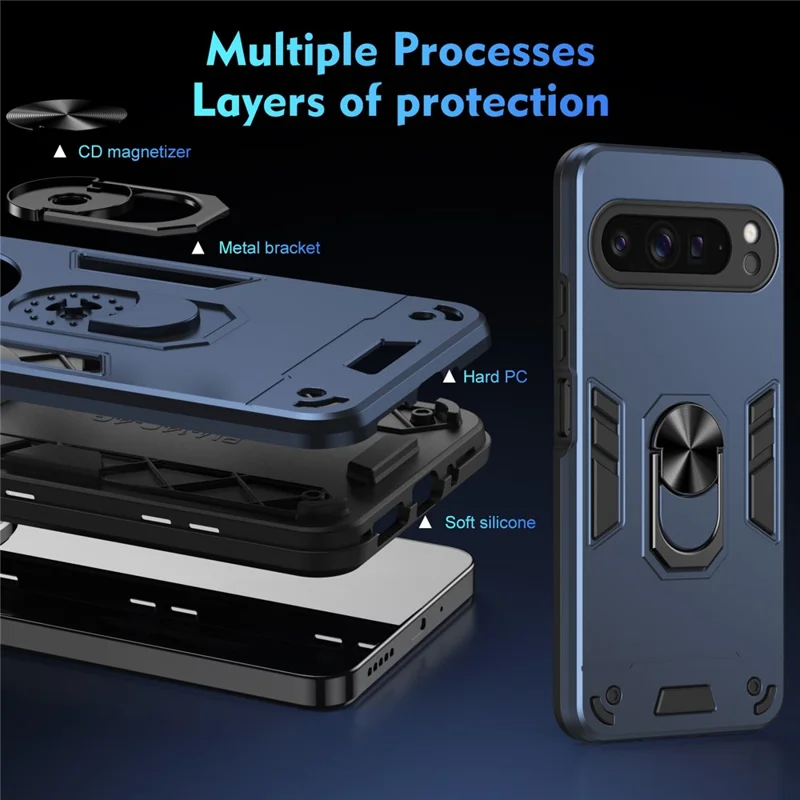 For Google Pixel 9 Pro XL Case PC + TPU Drop Defend Phone Cover with Ring Kickstand - Blue