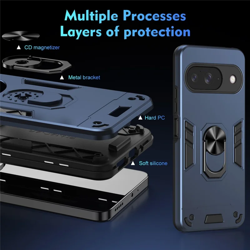 Case For Google Pixel 9  /  9 Pro PC + TPU Drop Defend Phone Cover with Ring Kickstand - Blue