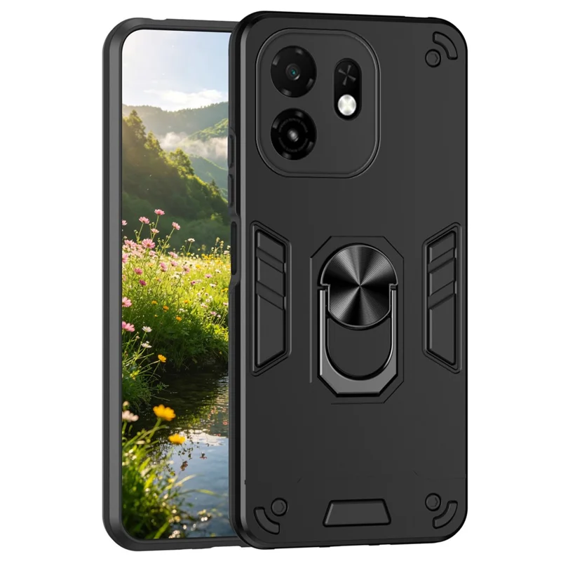 For itel A100C 4G Case PC + TPU Drop Defend Phone Cover with Ring Kickstand - Black