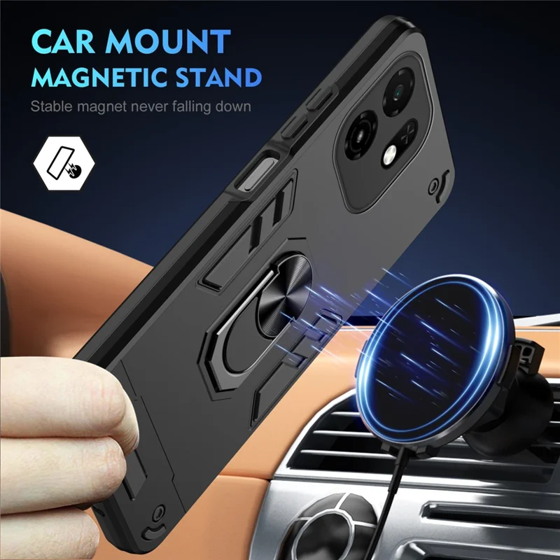 For itel A100C 4G Case PC + TPU Drop Defend Phone Cover with Ring Kickstand - Black