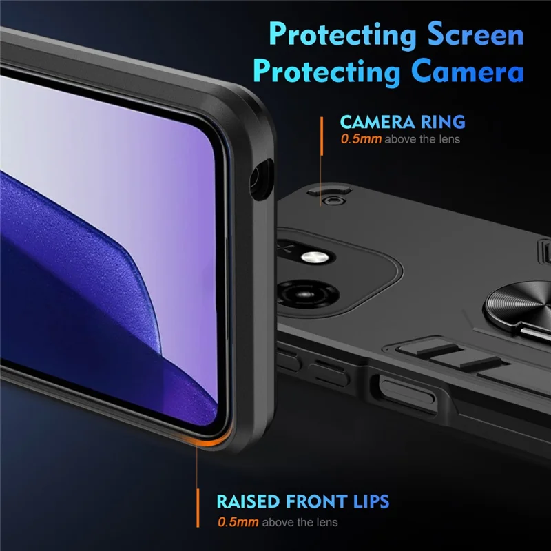 For itel A100C 4G Case PC + TPU Drop Defend Phone Cover with Ring Kickstand - Black