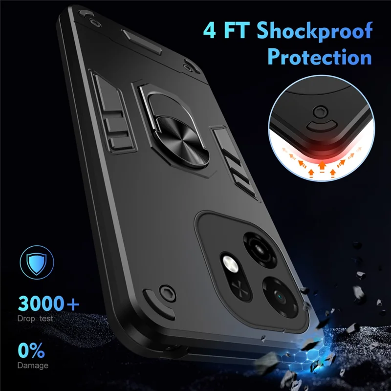 For itel A100C 4G Case PC + TPU Drop Defend Phone Cover with Ring Kickstand - Black