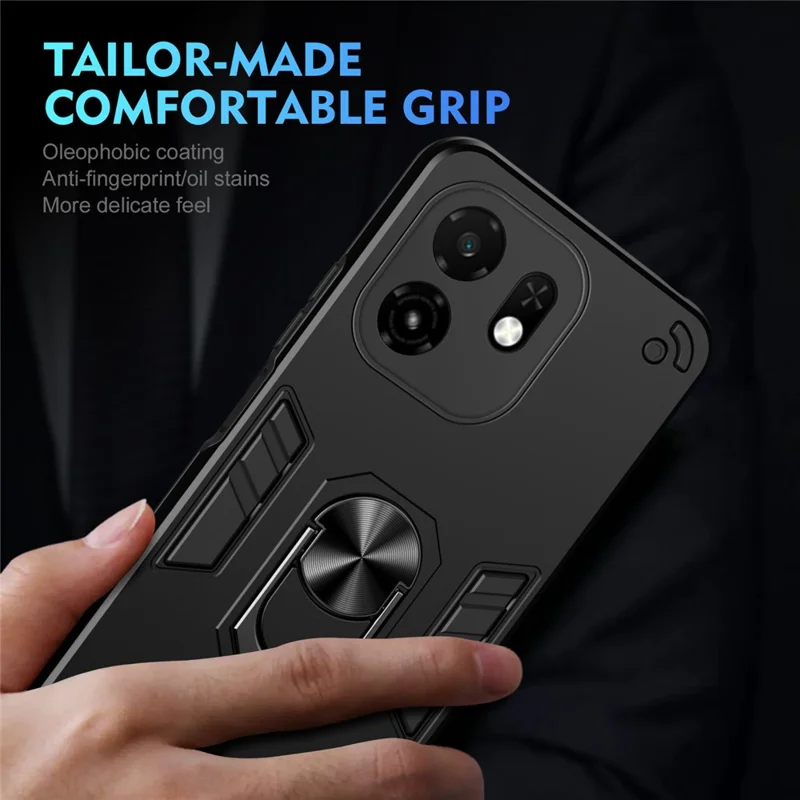 For itel A100C 4G Case PC + TPU Drop Defend Phone Cover with Ring Kickstand - Black