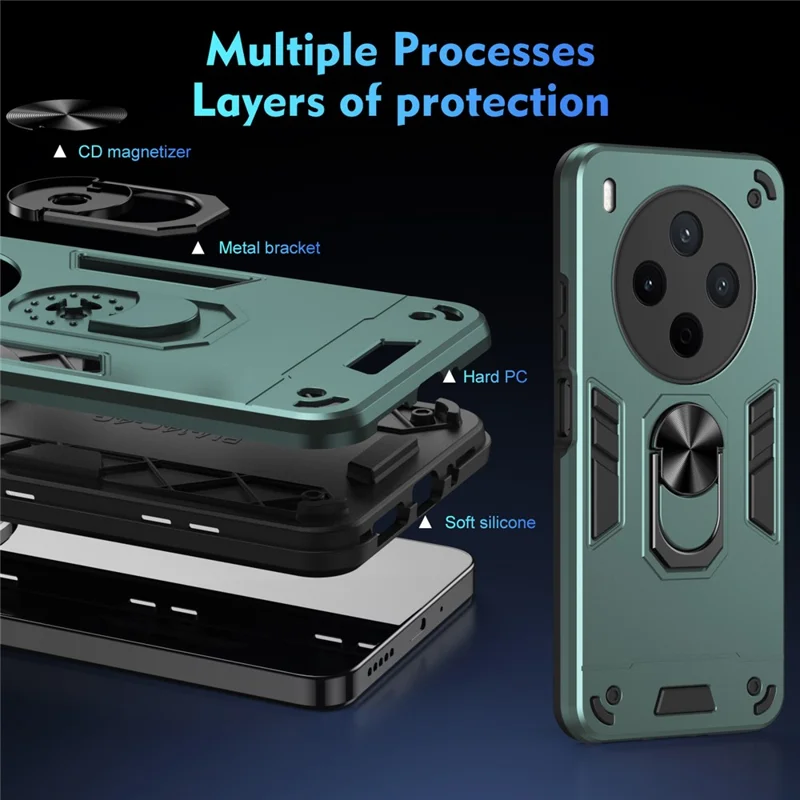 For vivo Y500 Pro 5G Case PC + TPU Drop Defend Phone Cover with Ring Kickstand - Green