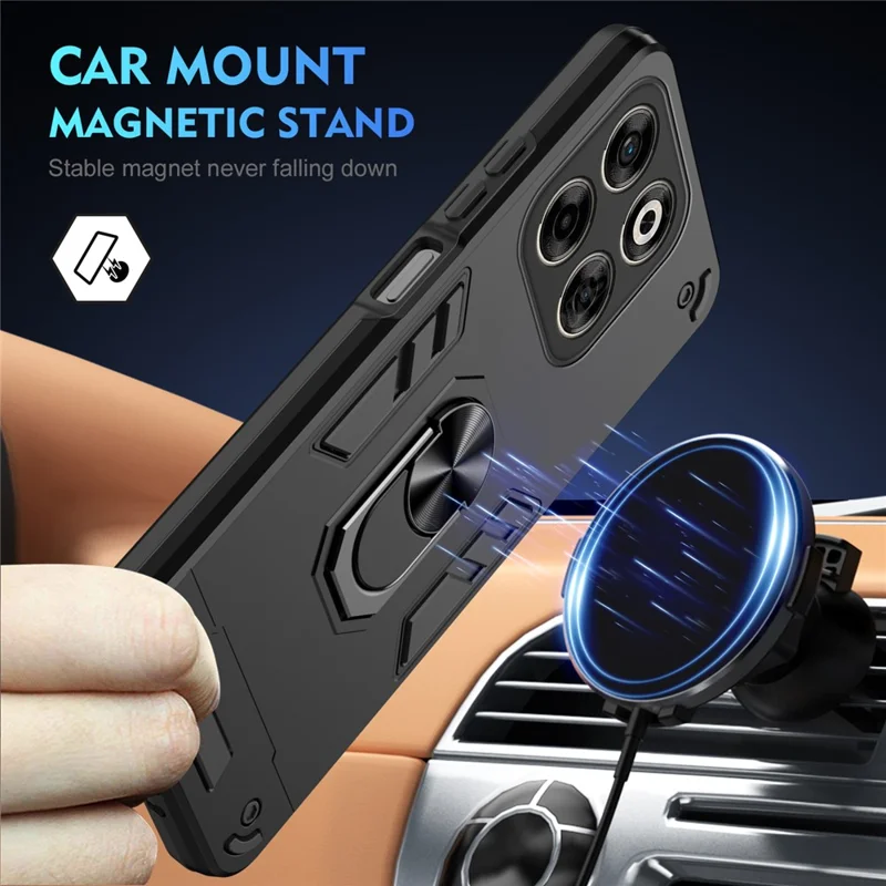 For ZTE Axon 70 4G Case PC + TPU Drop Defend Phone Cover with Ring Kickstand - Black