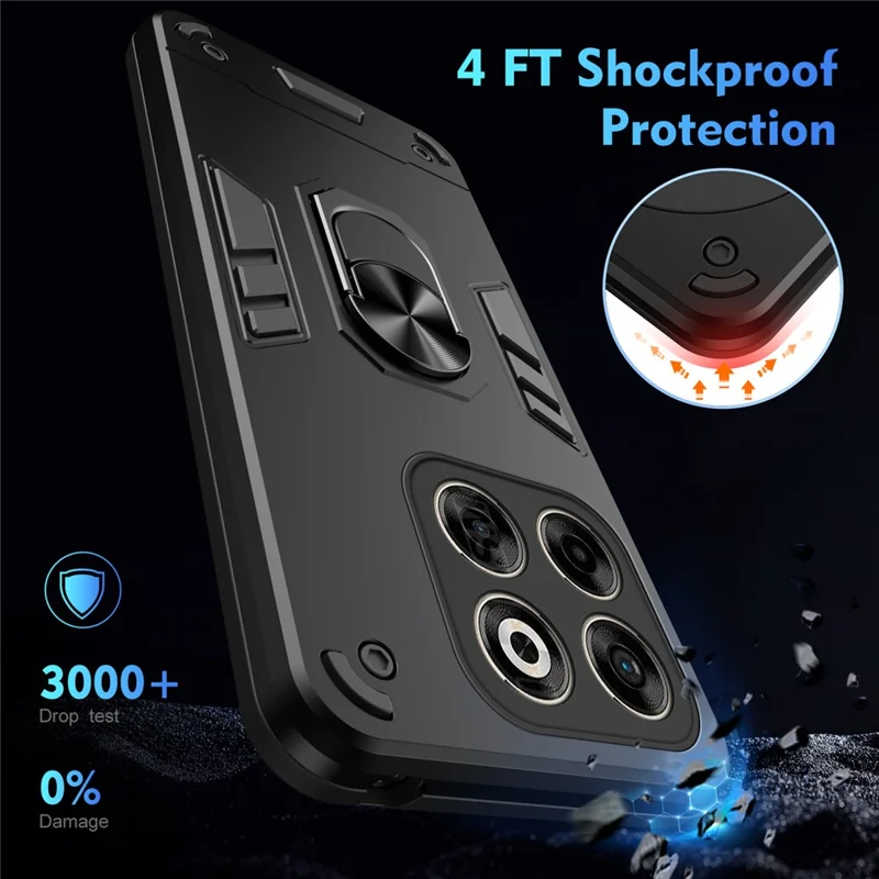 For ZTE Axon 70 4G Case PC + TPU Drop Defend Phone Cover with Ring Kickstand - Black
