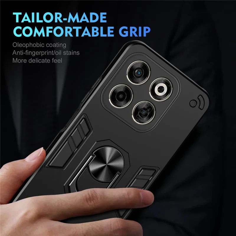 For ZTE Axon 70 4G Case PC + TPU Drop Defend Phone Cover with Ring Kickstand - Black