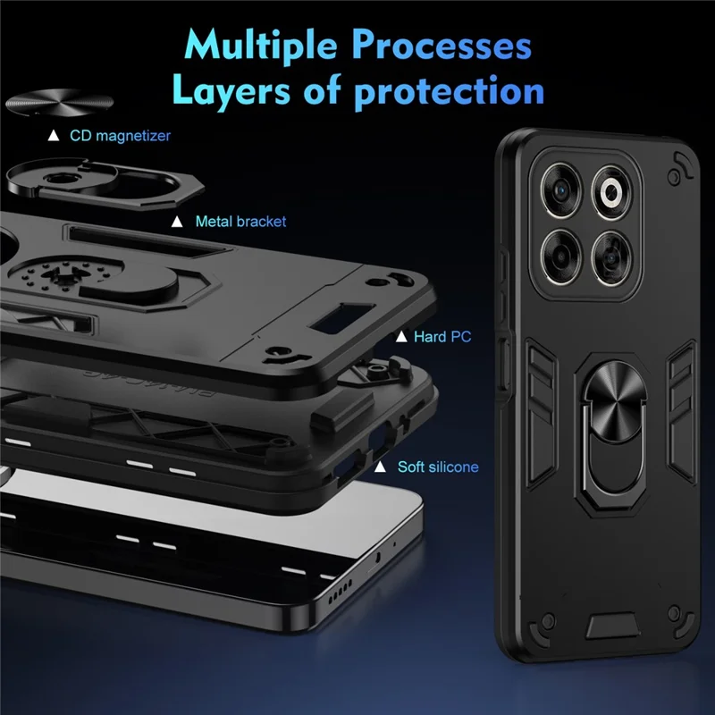For ZTE Axon 70 4G Case PC + TPU Drop Defend Phone Cover with Ring Kickstand - Black
