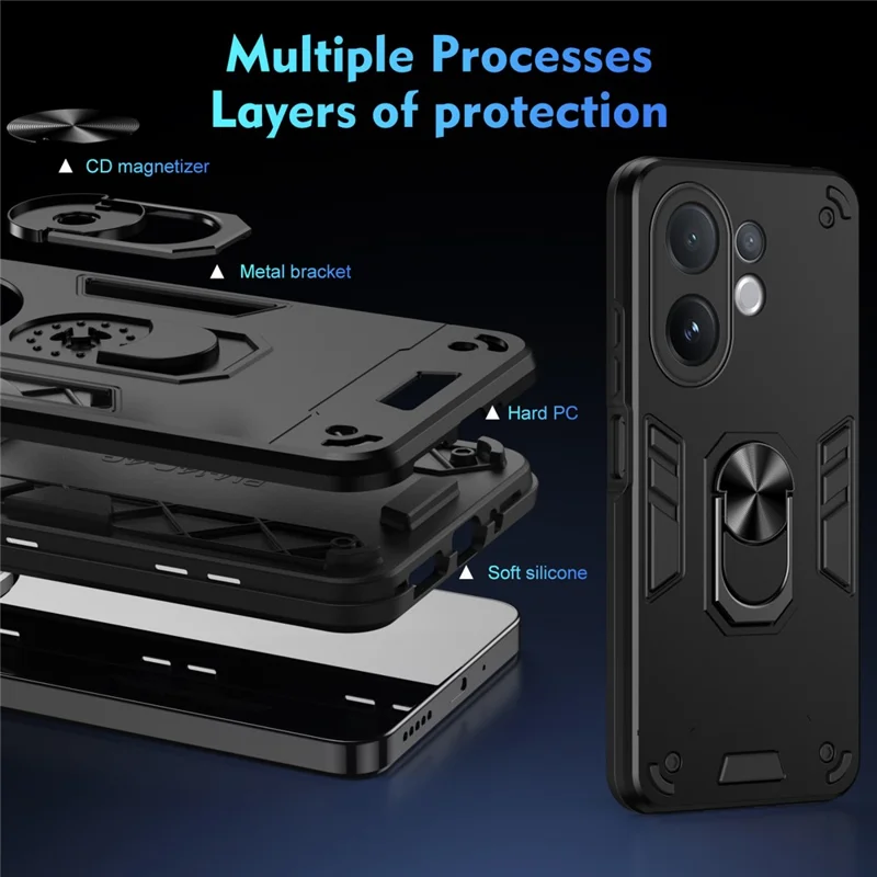 For vivo V60 5G Case PC + TPU Drop Defend Phone Cover with Ring Kickstand - Black