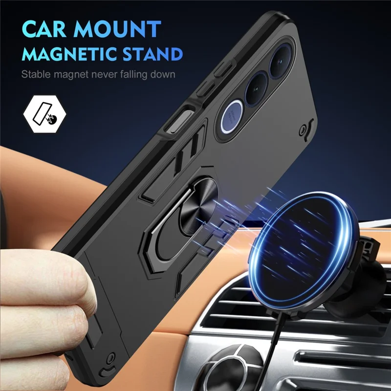 For vivo V70 FE 5G Case PC + TPU Drop Defend Phone Cover with Ring Kickstand - Black