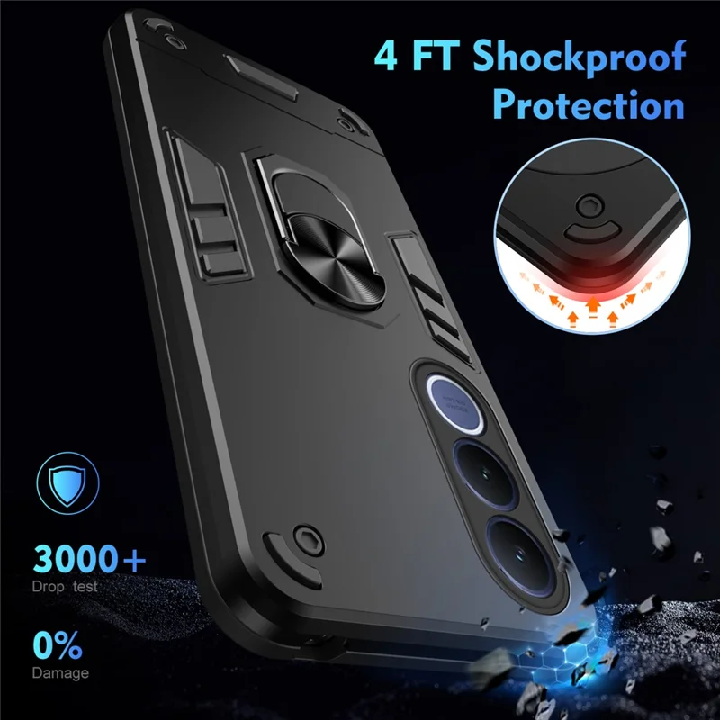 For vivo V70 FE 5G Case PC + TPU Drop Defend Phone Cover with Ring Kickstand - Black