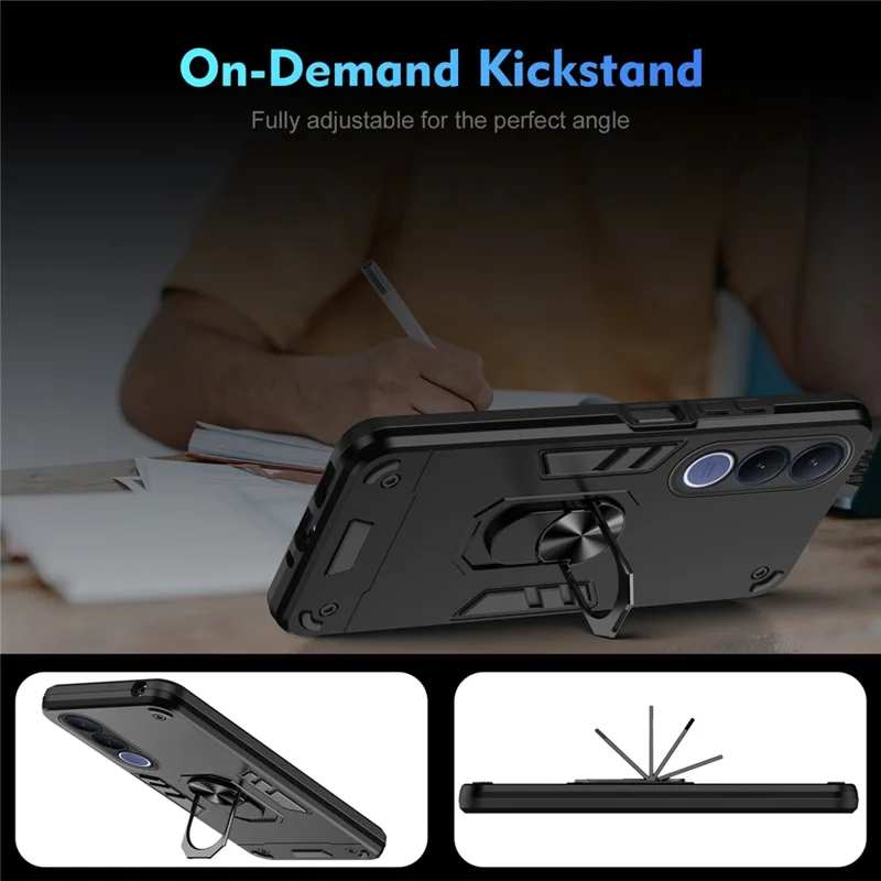 For vivo V70 FE 5G Case PC + TPU Drop Defend Phone Cover with Ring Kickstand - Black