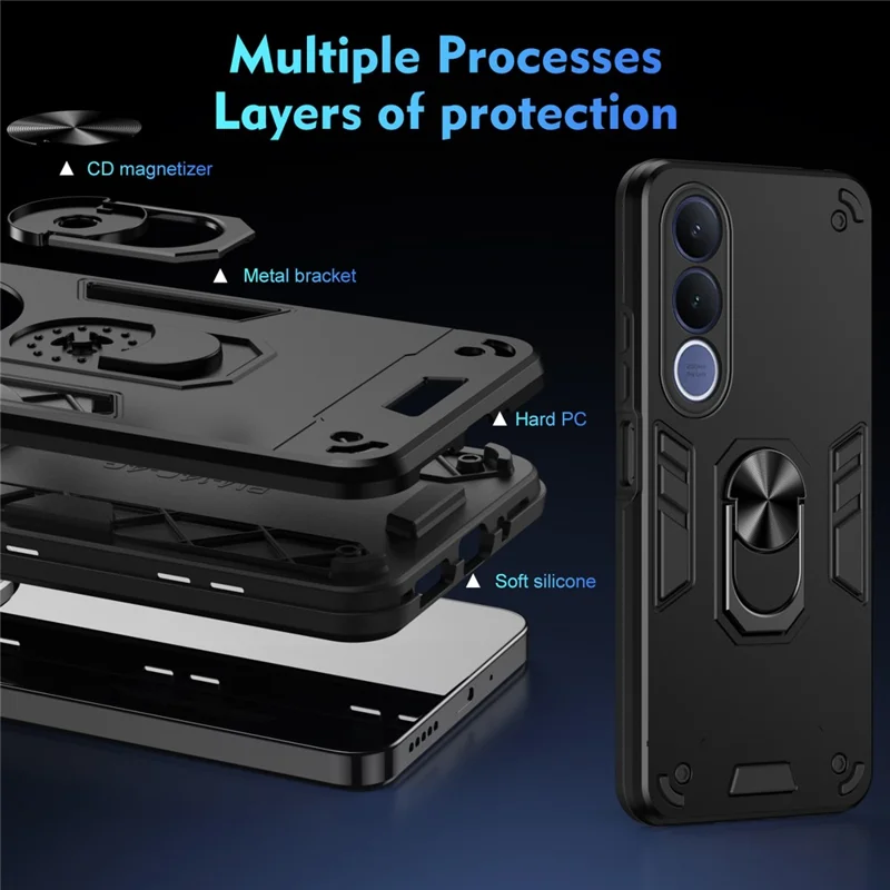 For vivo V70 FE 5G Case PC + TPU Drop Defend Phone Cover with Ring Kickstand - Black