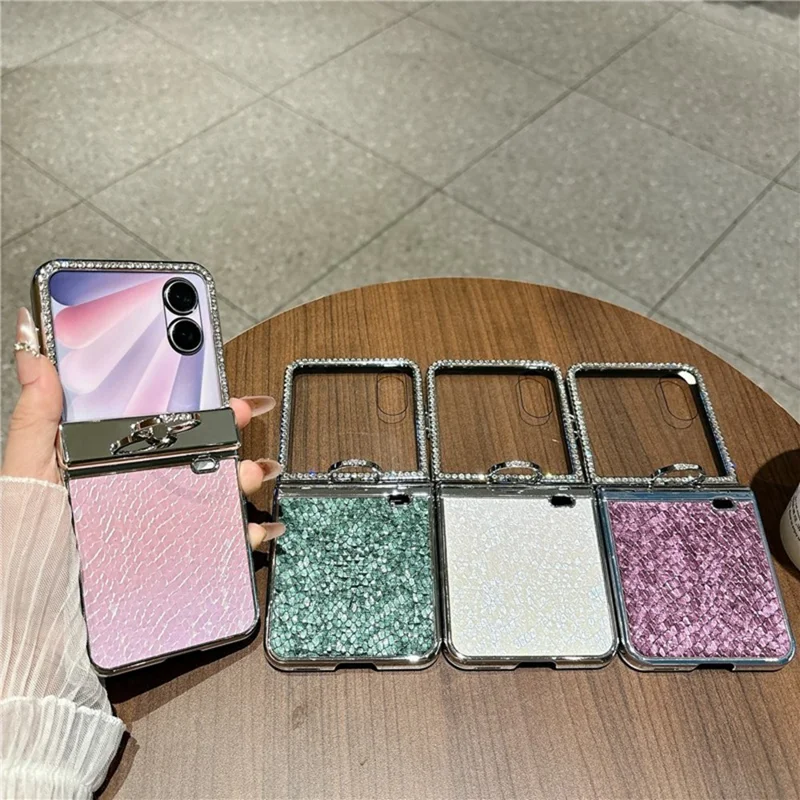 Cover per Honor Magic V Flip 2 con Texture a Scaglie di Pesce, Supporto ad Anello, Custodia in PC con Decorazione di Diamanti - Rosa
