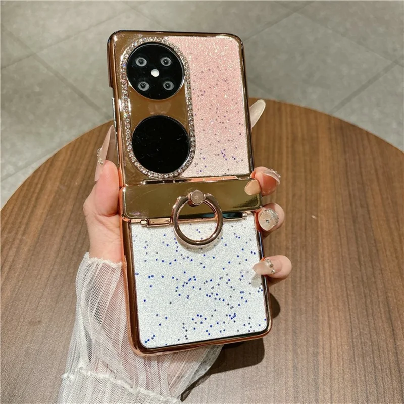 Capa para Huawei Pocket 2 com Brilhos, Strass e Suporte com Anel Giratório, Capa Protetora em PC para Telemóvel Dobrável - Rosa