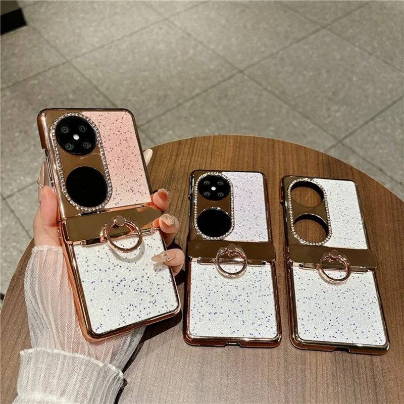 Capa para Huawei Pocket 2 com Brilhos, Strass e Suporte com Anel Giratório, Capa Protetora em PC para Telemóvel Dobrável - Rosa