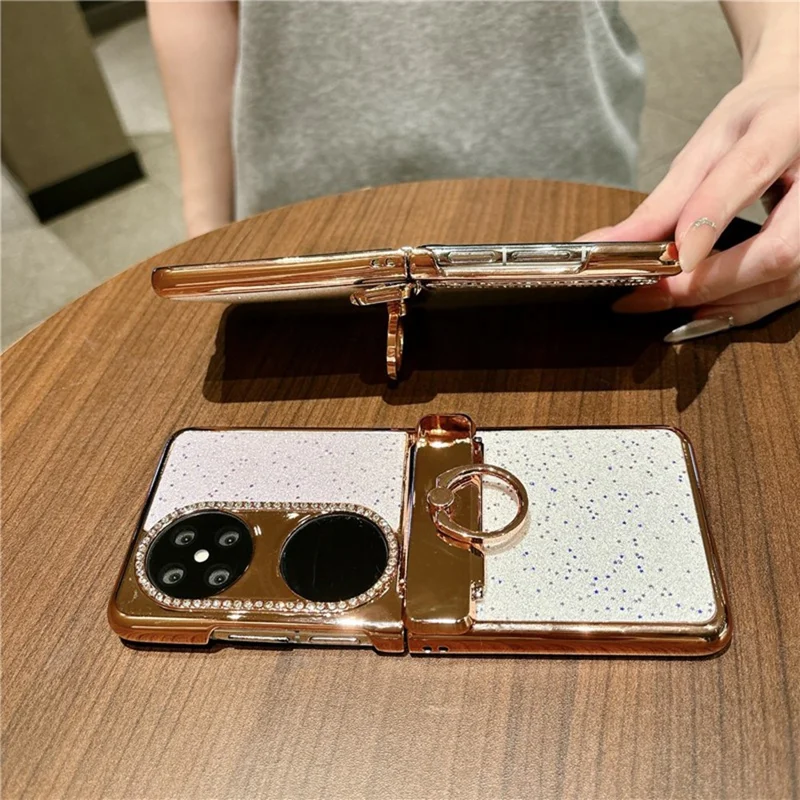 Capa para Huawei Pocket 2 com Brilhos, Strass e Suporte com Anel Giratório, Capa Protetora em PC para Telemóvel Dobrável - Rosa