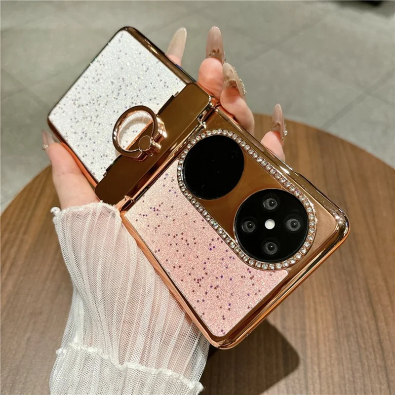 Capa para Huawei Pocket 2 com Brilhos, Strass e Suporte com Anel Giratório, Capa Protetora em PC para Telemóvel Dobrável - Rosa