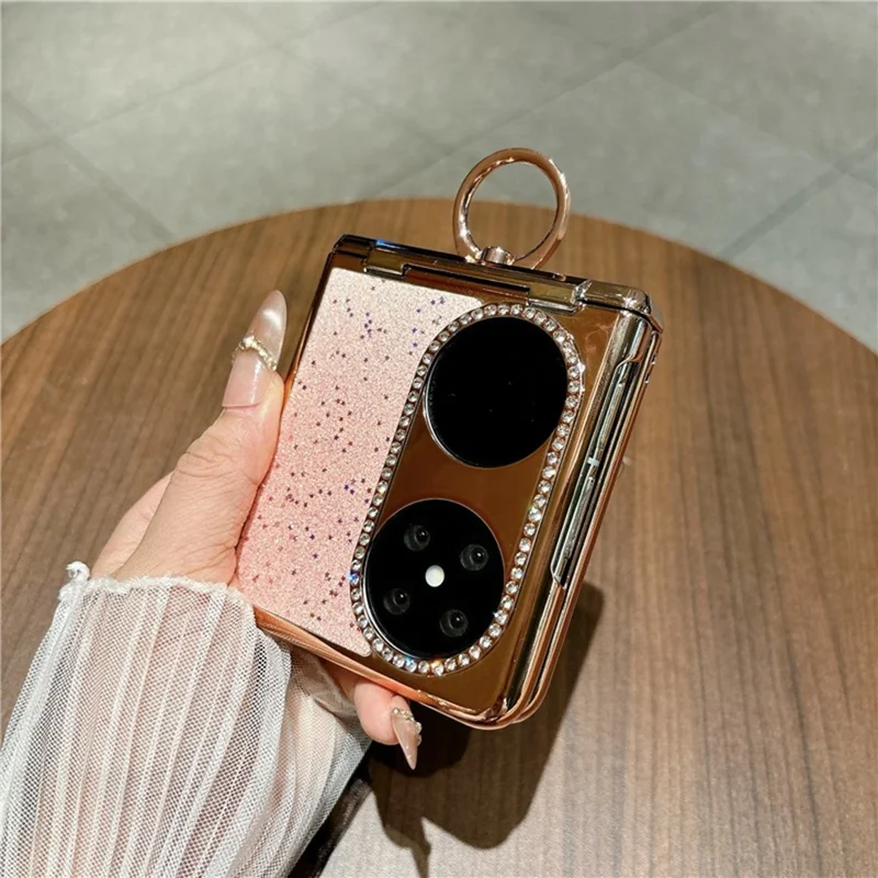 Capa para Huawei Pocket 2 com Brilhos, Strass e Suporte com Anel Giratório, Capa Protetora em PC para Telemóvel Dobrável - Rosa