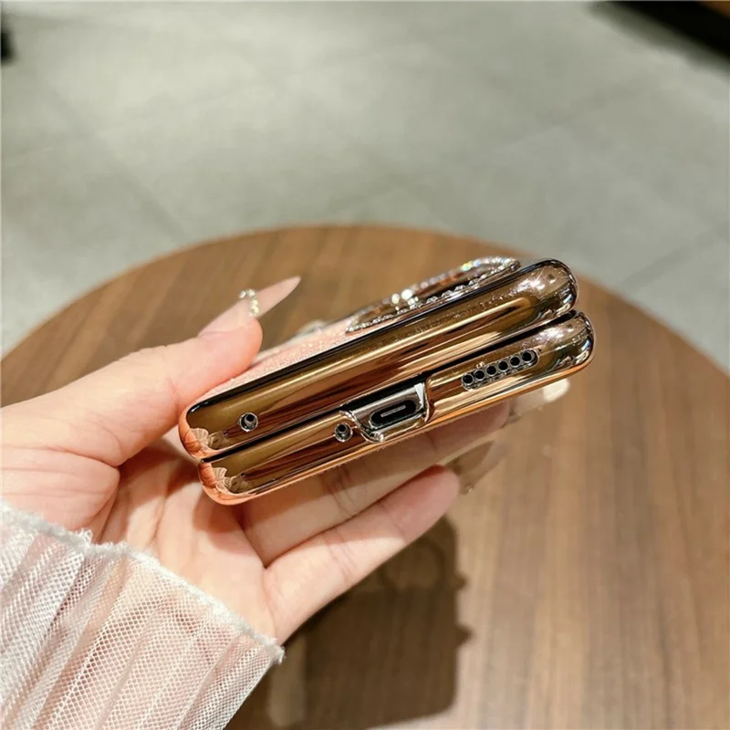 Capa para Huawei Pocket 2 com Brilhos, Strass e Suporte com Anel Giratório, Capa Protetora em PC para Telemóvel Dobrável - Rosa