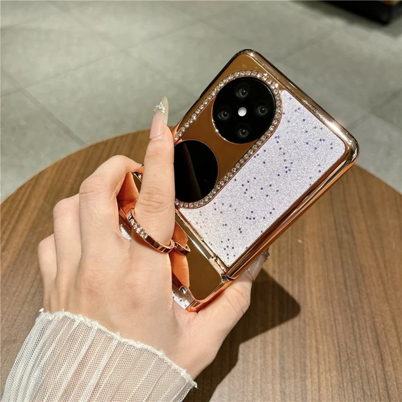 Capa para Huawei Pocket 2 com Brilhos, Strass e Suporte com Anel Giratório, Capa Protetora em PC para Telemóvel Dobrável - Rosa