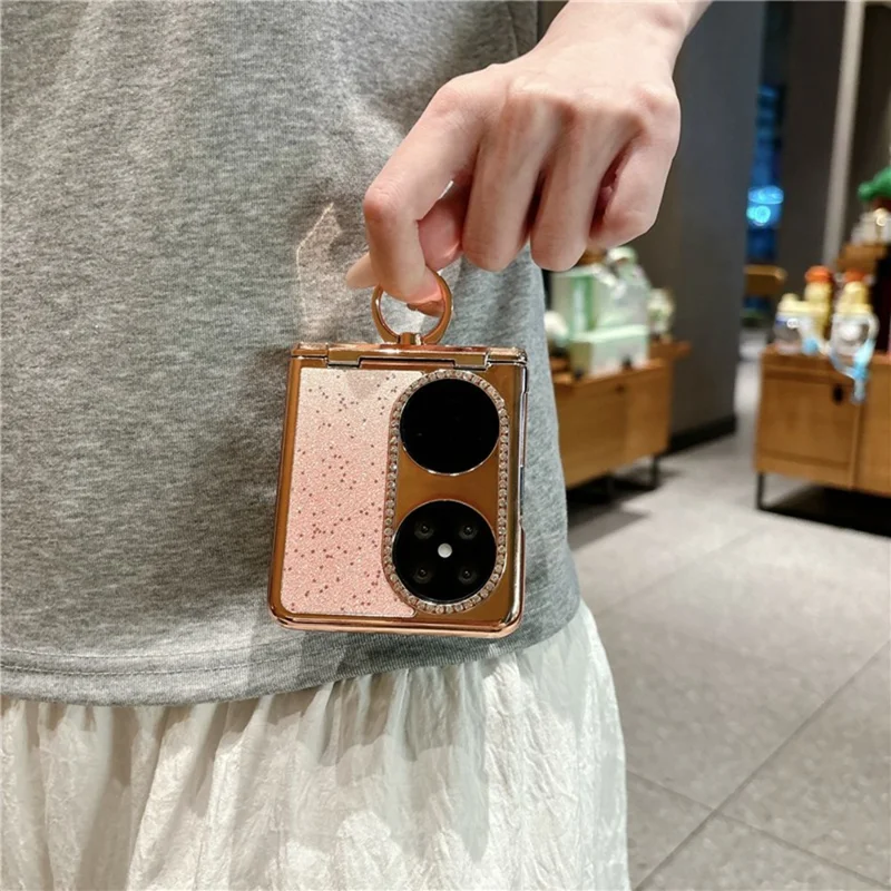 Capa para Huawei Pocket 2 com Brilhos, Strass e Suporte com Anel Giratório, Capa Protetora em PC para Telemóvel Dobrável - Rosa