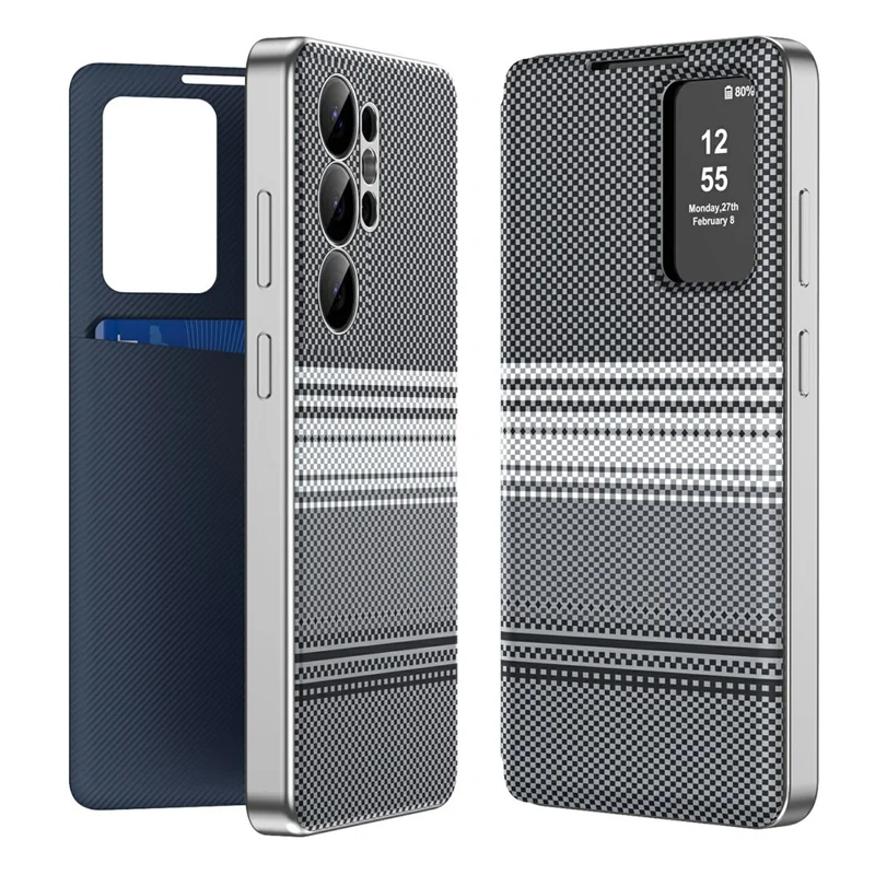 Til Samsung Galaxy S23 Ultra-taska med kortskælme, gennemsigtigt vindue, farvegradient og skakternetmønster i læder - Sort