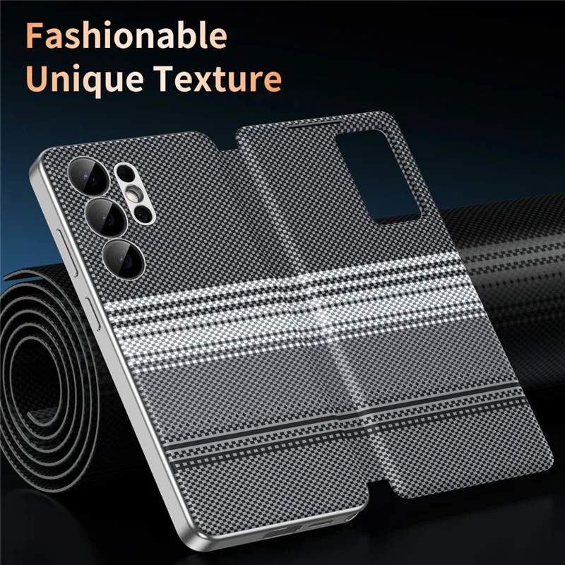 Für Samsung Galaxy S24 Ultra Hülle mit Kartenfach, Sichtfenster, verlaufender Farbe, kariertes Muster, Ledertasche - Schwarz