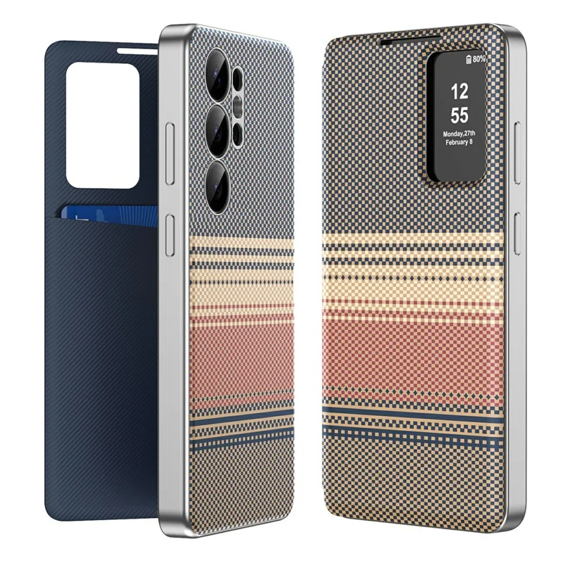 For Samsung Galaxy S25 Ultra Case Card Slot View Window Gradient Color Checkered Pattern Leather Phone Cover - Brown