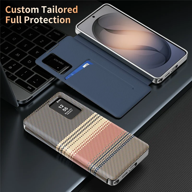 For Samsung Galaxy S25 Ultra Case Card Slot View Window Gradient Color Checkered Pattern Leather Phone Cover - Brown