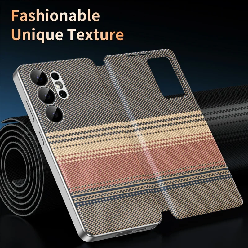 For Samsung Galaxy S25 Ultra Case Card Slot View Window Gradient Color Checkered Pattern Leather Phone Cover - Brown