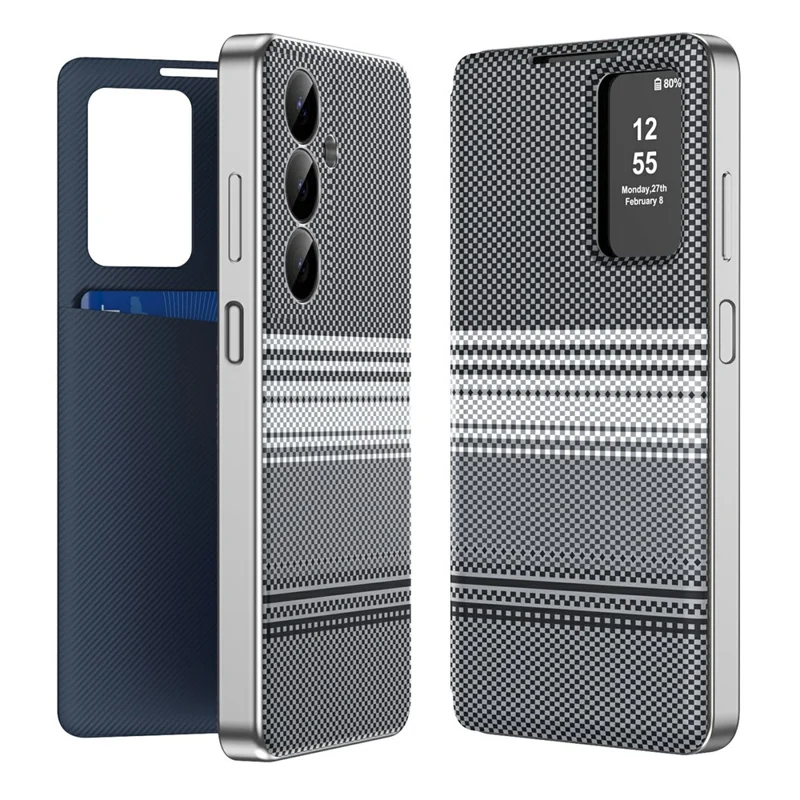For Samsung Galaxy A16 5G  /  A16 4G Case Card Slot View Window Gradient Color Checkered Pattern Leather Phone Cover - Black
