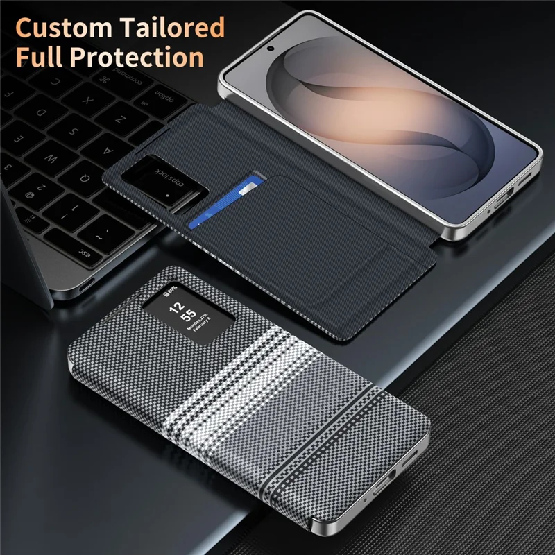 For Samsung Galaxy A16 5G  /  A16 4G Case Card Slot View Window Gradient Color Checkered Pattern Leather Phone Cover - Black