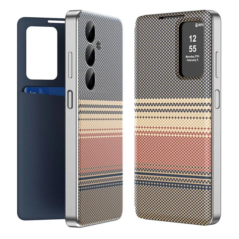 For Samsung Galaxy A16 5G  /  A16 4G Case Card Slot View Window Gradient Color Checkered Pattern Leather Phone Cover - Brown