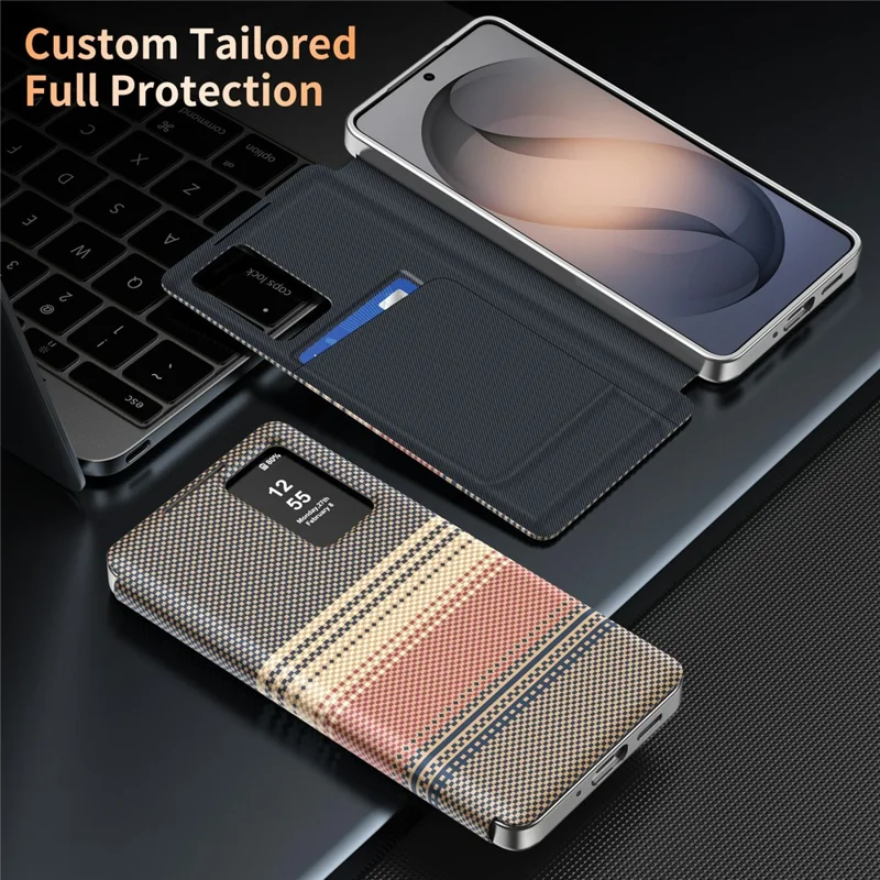 For Samsung Galaxy A16 5G  /  A16 4G Case Card Slot View Window Gradient Color Checkered Pattern Leather Phone Cover - Brown