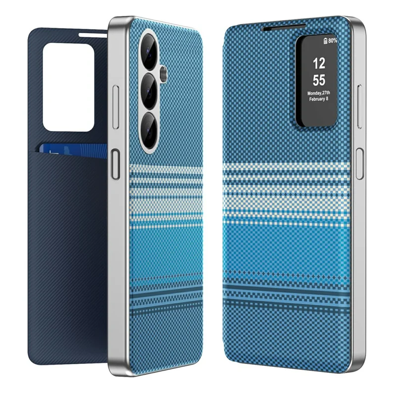 Leather Case for Samsung Galaxy A26 5G  /  A17 5G  /  A17 4G Card Slot View Window Gradient Color Checkered Pattern Phone Cover - Blue