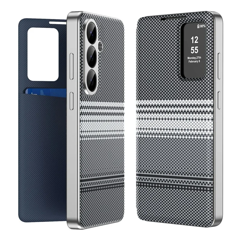 Til Samsung Galaxy A56 5G / A36 5G Taske med Kortplads og Gennemsigtigt Vindue, Gradientfarvet, Ternet Mønster, Lædertilbehør - Sort