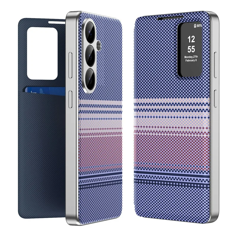 For Samsung Galaxy A56 5G  /  A36 5G Case Card Slot View Window Gradient Color Checkered Pattern Leather Phone Cover - Lavender Purple