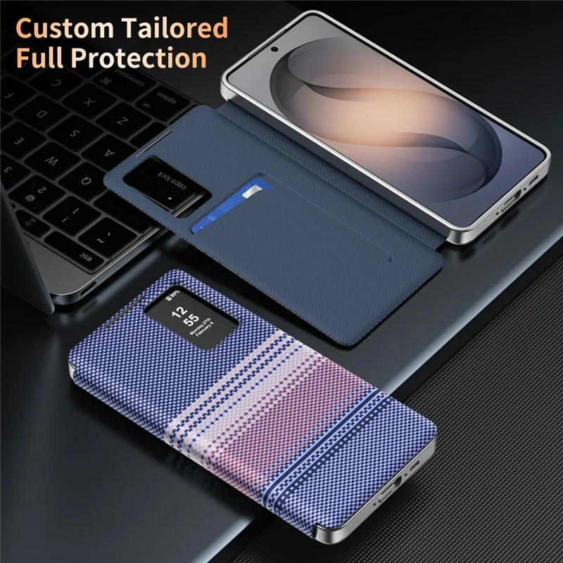 For Samsung Galaxy A56 5G  /  A36 5G Case Card Slot View Window Gradient Color Checkered Pattern Leather Phone Cover - Lavender Purple