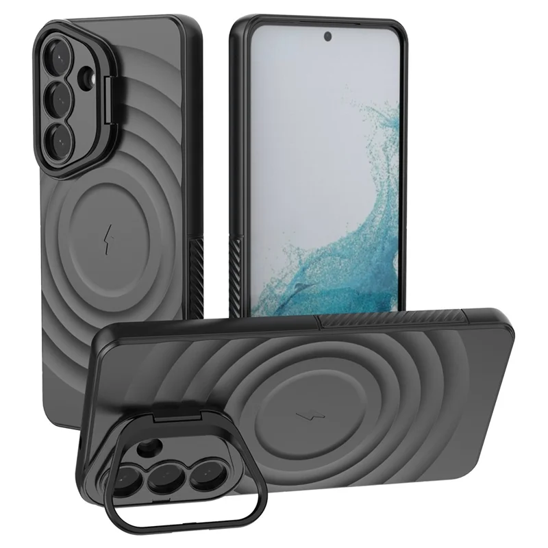 For Samsung Galaxy S26+ Magnetic Case PC Kickstand Ripple Texture TPU Phone Cover - Black