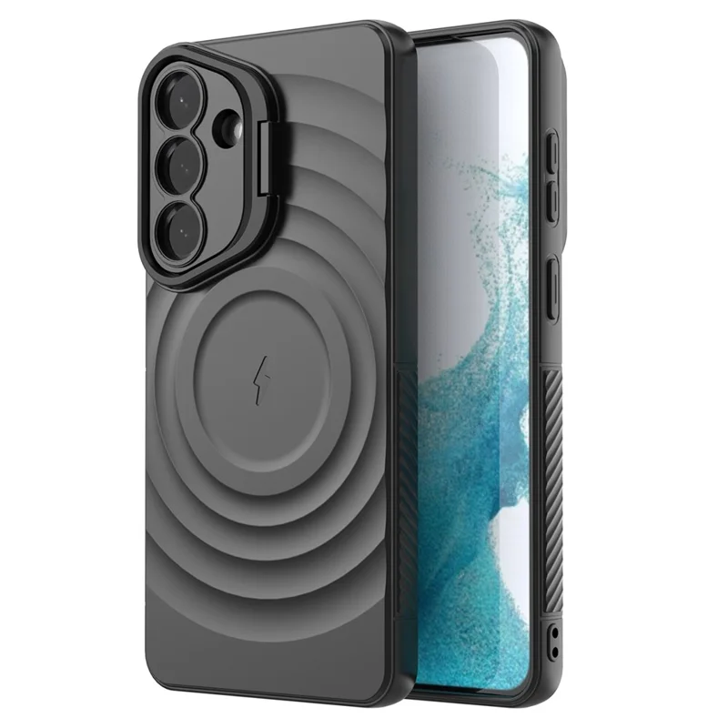 For Samsung Galaxy S26+ Magnetic Case PC Kickstand Ripple Texture TPU Phone Cover - Black