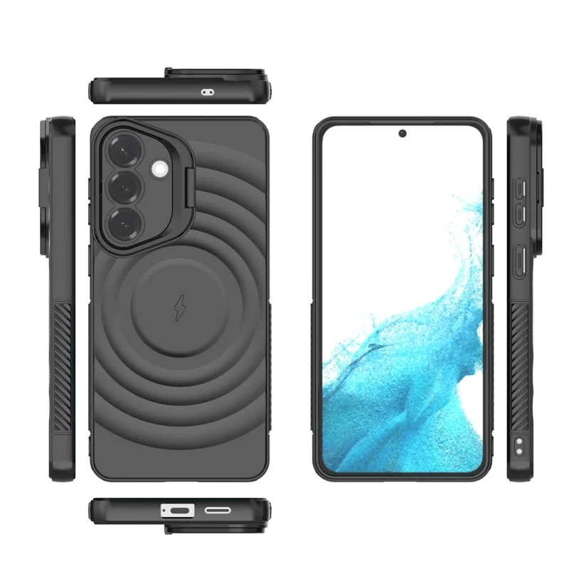 For Samsung Galaxy S26+ Magnetic Case PC Kickstand Ripple Texture TPU Phone Cover - Black