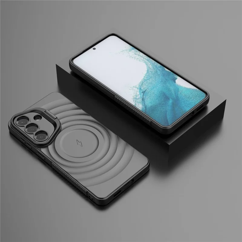 For Samsung Galaxy S26+ Magnetic Case PC Kickstand Ripple Texture TPU Phone Cover - Black