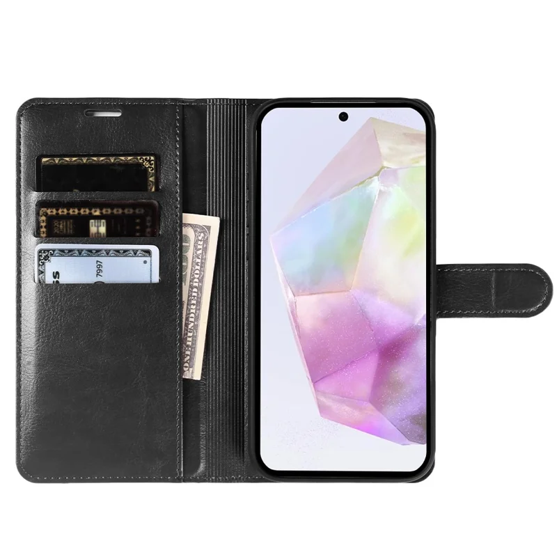 For Samsung Galaxy A55 5G Wallet Case Crazy Horse Texture Leather Flip Phone Cover with Magnetic Closure - Black