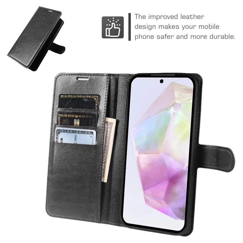 For Samsung Galaxy A55 5G Wallet Case Crazy Horse Texture Leather Flip Phone Cover with Magnetic Closure - Black