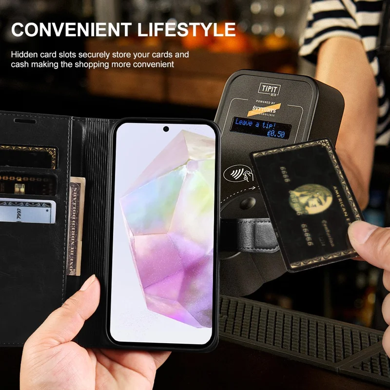 For Samsung Galaxy A55 5G Wallet Case Crazy Horse Texture Leather Flip Phone Cover with Magnetic Closure - Black