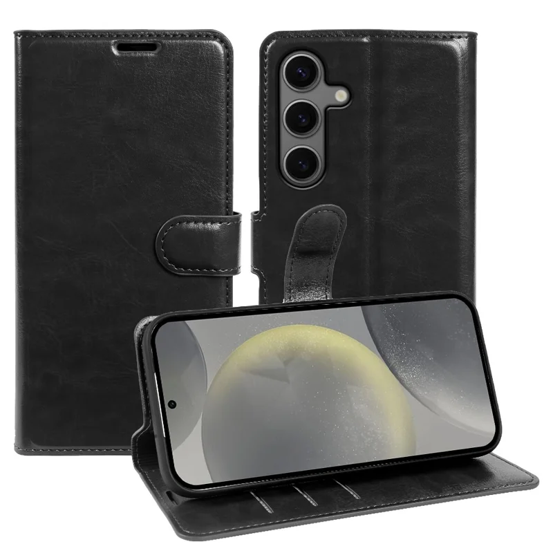 For Samsung Galaxy S24+ Wallet Case Crazy Horse Texture Leather Flip Phone Cover with Magnetic Closure - Black