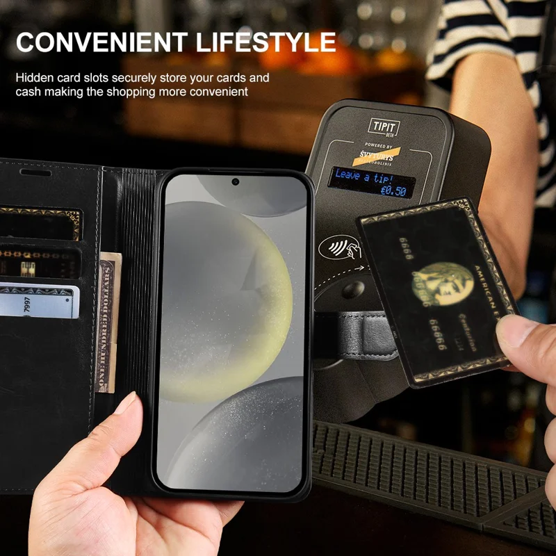 For Samsung Galaxy S24+ Wallet Case Crazy Horse Texture Leather Flip Phone Cover with Magnetic Closure - Black