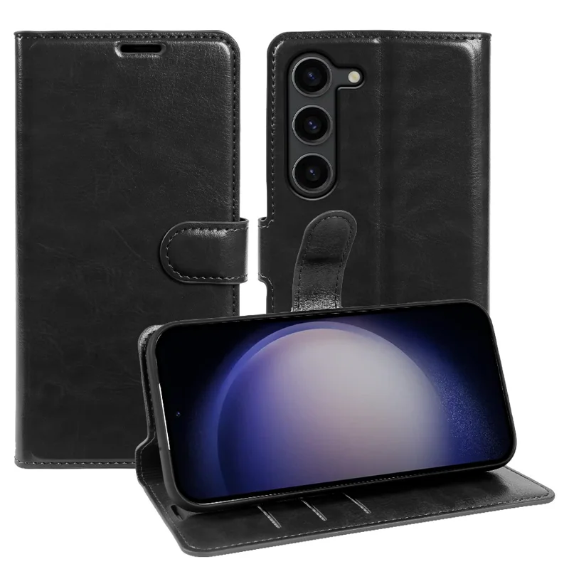 Til Samsung Galaxy S23+ tegnebogstaske med crazy horse-struktur, læderlågefodral med magnetlukning - Sort