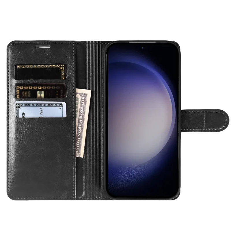 Til Samsung Galaxy S23+ tegnebogstaske med crazy horse-struktur, læderlågefodral med magnetlukning - Sort
